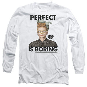 AN OFFCIALLY LICENSED I LOVE LUCY PERFECT IS BORING MEN'S LONG SLEEVE T-SHIRT WHITE