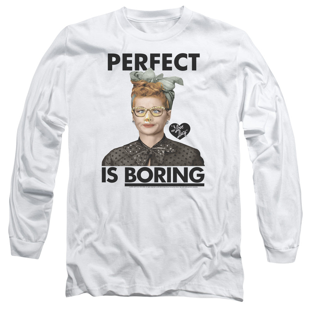 AN OFFCIALLY LICENSED I LOVE LUCY PERFECT IS BORING MEN'S LONG SLEEVE T-SHIRT WHITE