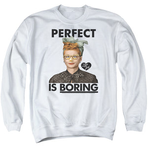AN OFFCIALLY LICENSED I LOVE LUCY PERFECT IS BORING ADULT UNISEX CREWNECK SWEATSHIRT WHITE