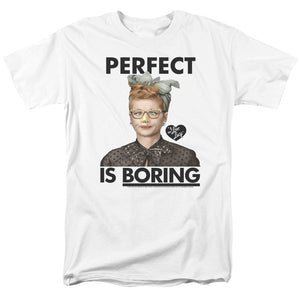 AN OFFCIALLY LICENSED I LOVE LUCY PERFECT IS BORING MEN'S REGULAR FIT T-SHIRT WHITE