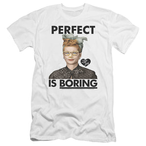 AN OFFCIALLY LICENSED I LOVE LUCY PERFECT IS BORING MEN'S PREMIUM SLIM FIT T-SHIRT WHITE