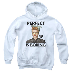 AN OFFCIALLY LICENSED I LOVE LUCY PERFECT IS BORING YOUTH HOODIE WHITE