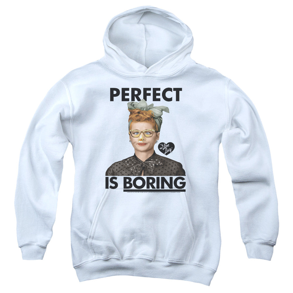 AN OFFCIALLY LICENSED I LOVE LUCY PERFECT IS BORING YOUTH HOODIE WHITE
