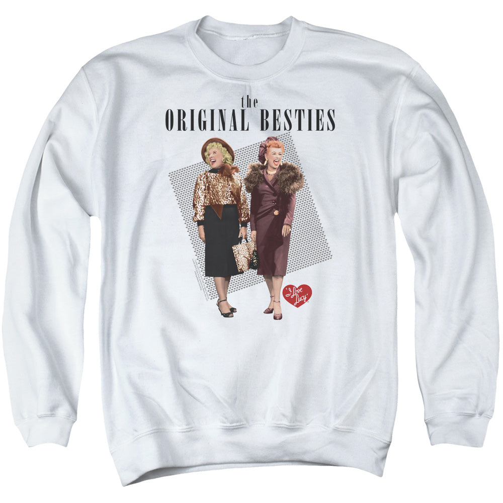 AN OFFCIALLY LICENSED I LOVE LUCY ORIGINAL BESTIE ADULT UNISEX CREWNECK SWEATSHIRT WHITE