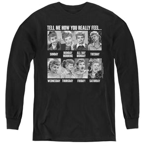 AN OFFCIALLY LICENSED I LOVE LUCY 8 DAYS A WEEK YOUTH LONG SLEEVE T-SHIRT BLACK