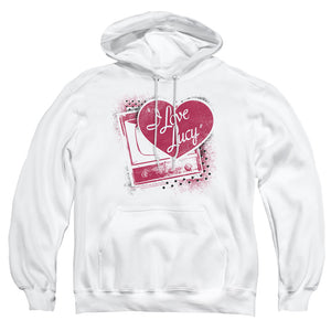 AN OFFCIALLY LICENSED I LOVE LUCY SPRAY PAINT HEART ADULT UNISEX PULLOVER HOODIE WHITE