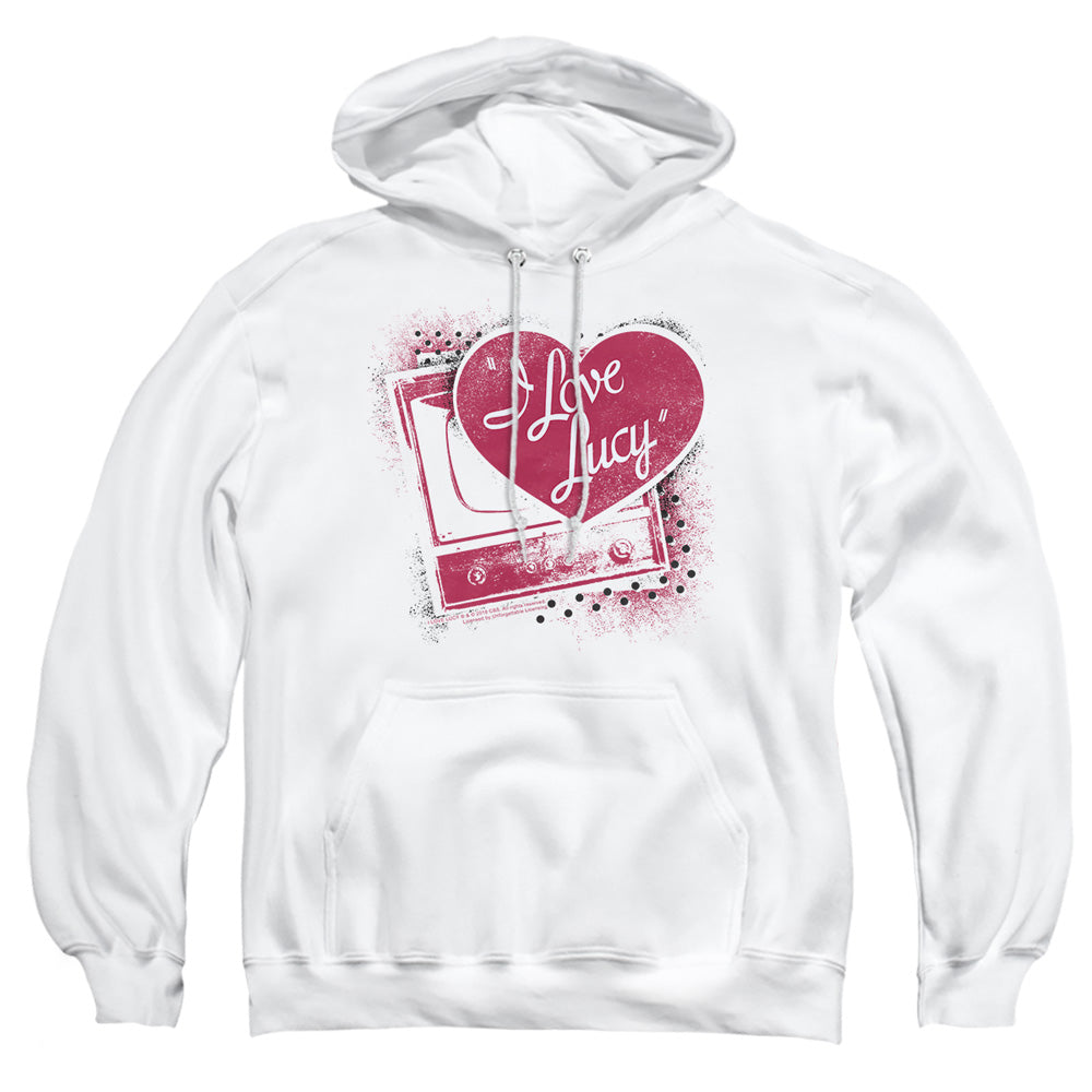 AN OFFCIALLY LICENSED I LOVE LUCY SPRAY PAINT HEART ADULT UNISEX PULLOVER HOODIE WHITE