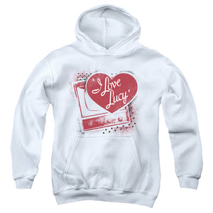 AN OFFCIALLY LICENSED I LOVE LUCY SPRAY PAINT HEART YOUTH HOODIE WHITE