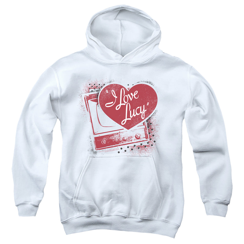 AN OFFCIALLY LICENSED I LOVE LUCY SPRAY PAINT HEART YOUTH HOODIE WHITE