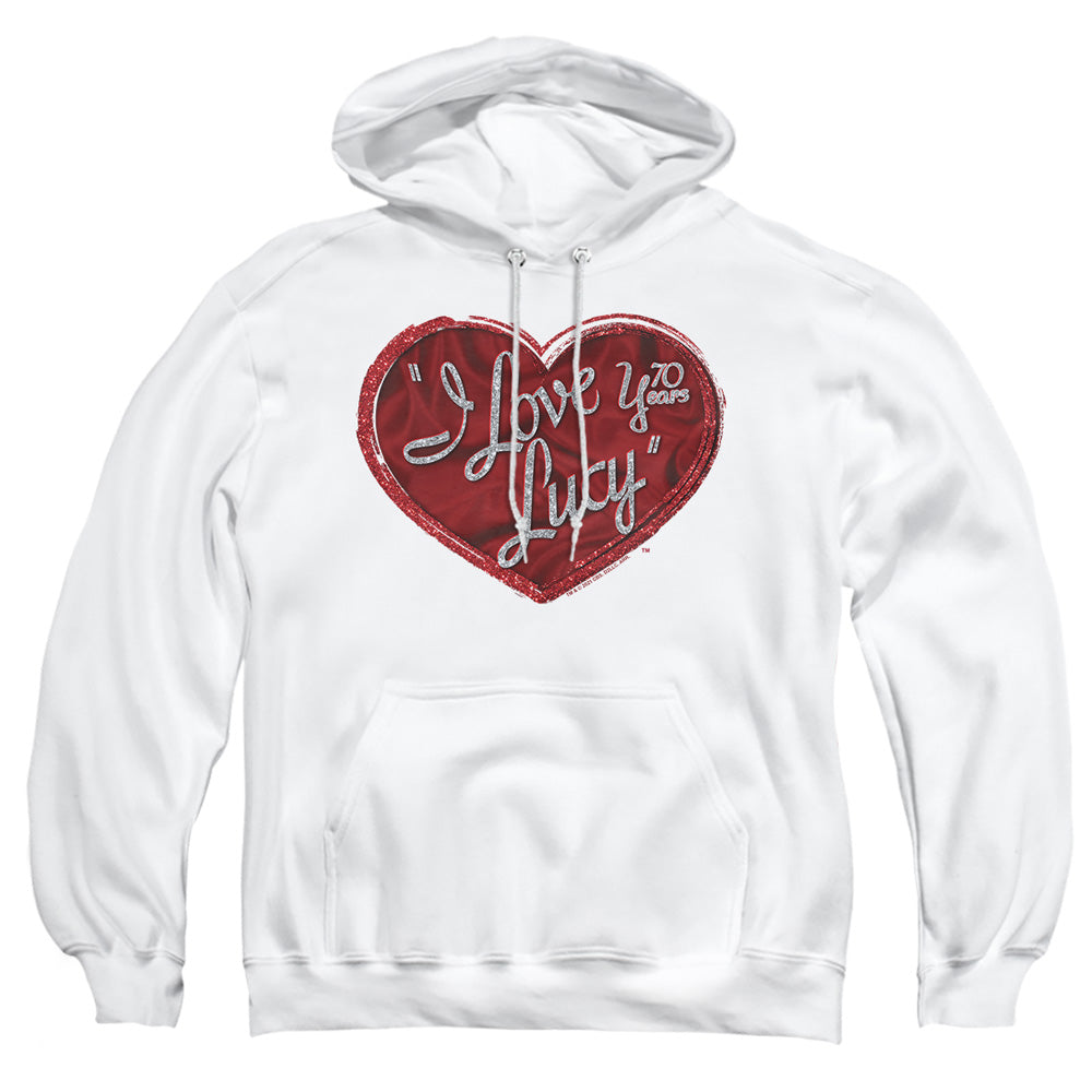 AN OFFCIALLY LICENSED I LOVE LUCY RED GLITTER 75 ADULT UNISEX PULLOVER HOODIE WHITE
