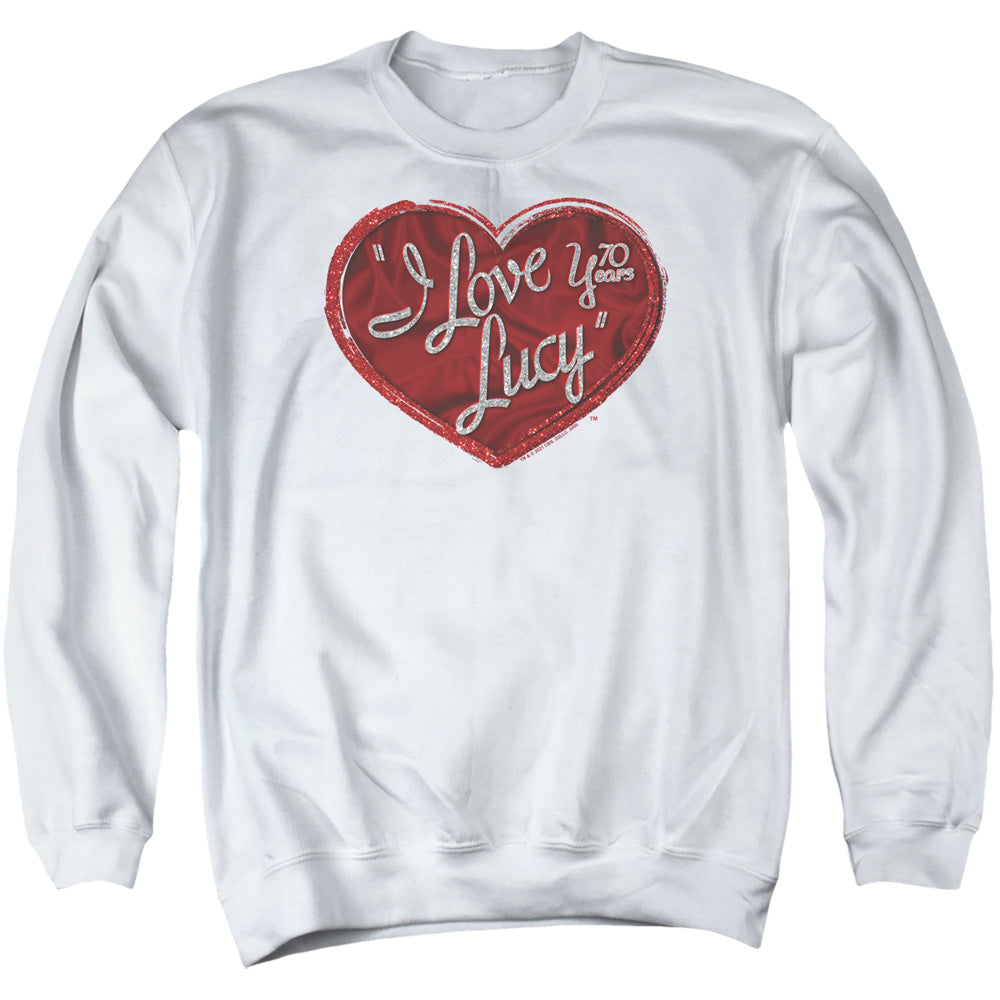 AN OFFCIALLY LICENSED I LOVE LUCY RED GLITTER 75 ADULT UNISEX CREWNECK SWEATSHIRT WHITE