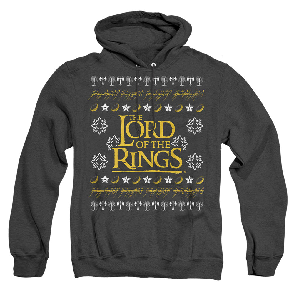 AN OFFCIALLY LICENSED LORD OF THE RINGS UGLY CHRISTMAS LOGO ADULT UNISEX HEATHER PULLOVER HOODIE BLACK