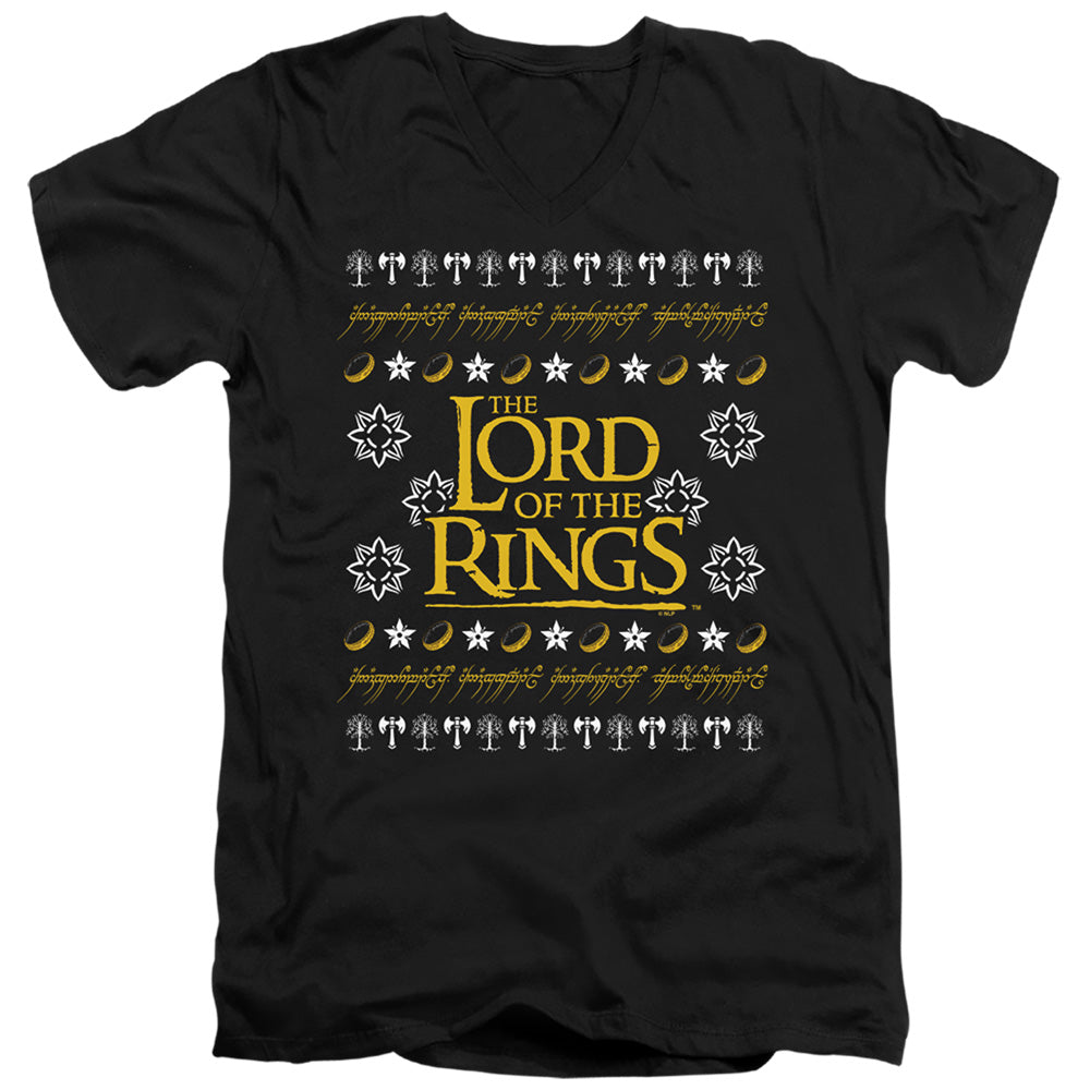 AN OFFCIALLY LICENSED LORD OF THE RINGS UGLY CHRISTMAS LOGO MEN'S V-NECK T-SHIRT BLACK