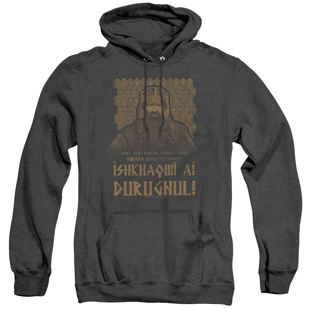 AN OFFCIALLY LICENSED LORD OF THE RINGS ISHKHAQWI DURUGNUL ADULT UNISEX HEATHER PULLOVER HOODIE BLACK