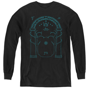 AN OFFCIALLY LICENSED LORD OF THE RINGS DOORS OF DURIN YOUTH LONG SLEEVE T-SHIRT BLACK