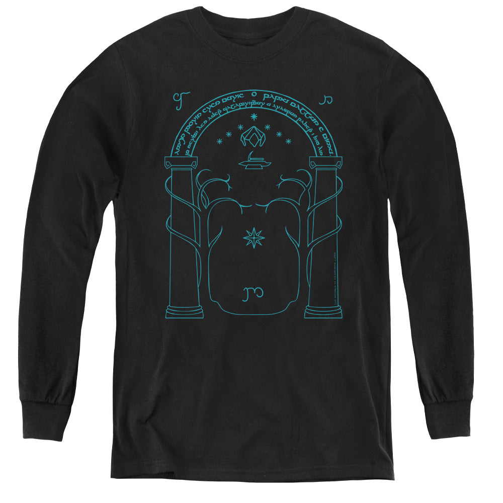 AN OFFCIALLY LICENSED LORD OF THE RINGS DOORS OF DURIN YOUTH LONG SLEEVE T-SHIRT BLACK