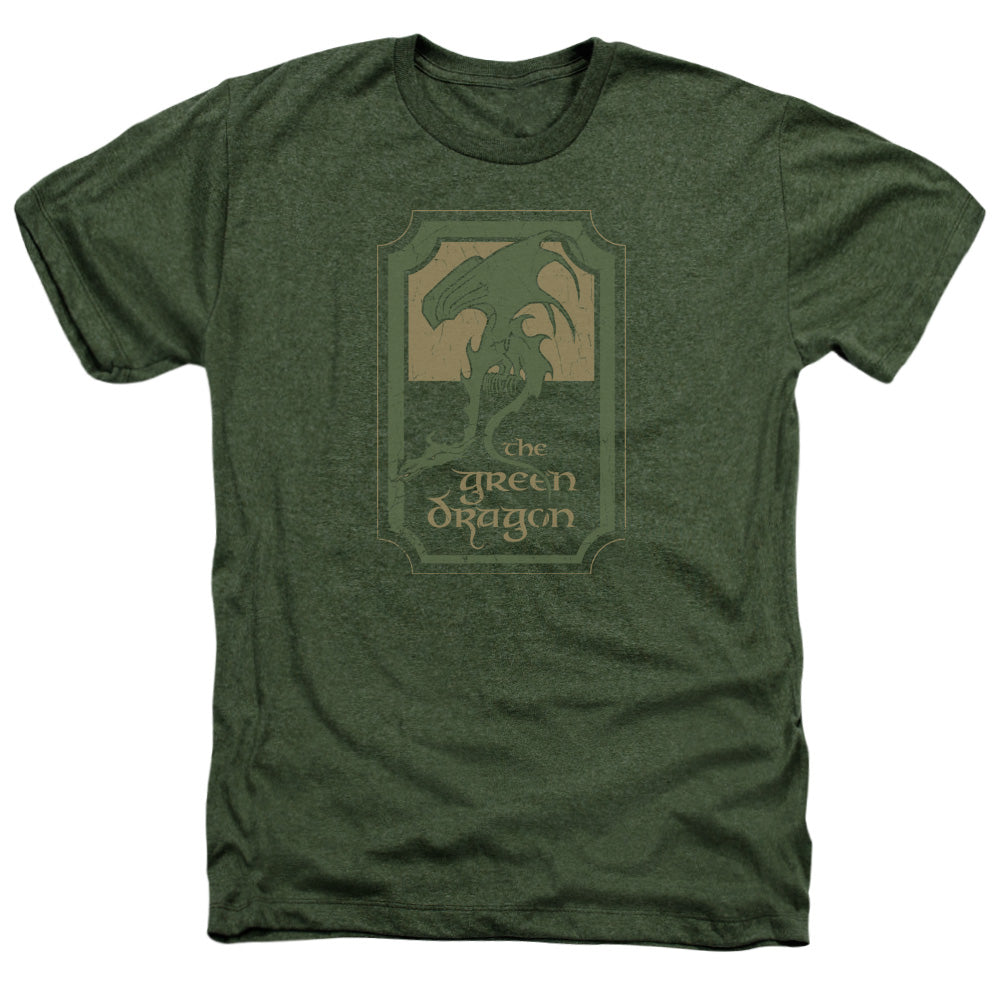 AN OFFCIALLY LICENSED LORD OF THE RINGS GREEN DRAGON TAVERN MEN'S HEATHER T-SHIRT MILITARY GREEN