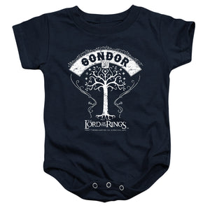 AN OFFCIALLY LICENSED LORD OF THE RINGS TREE OF GONDOR BABY BODYSUIT NAVY