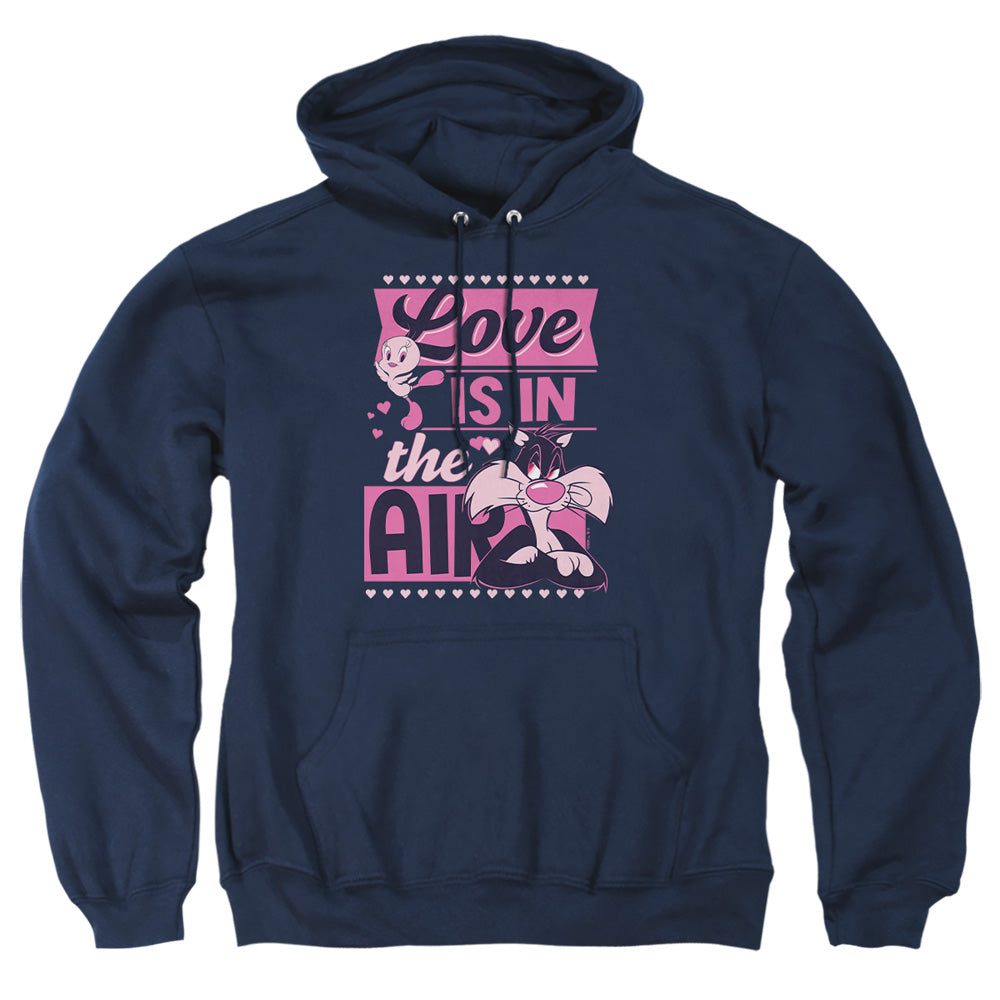 AN OFFCIALLY LICENSED LOONEY TUNES VALENTINE'S DAY TWEETY SYLVESTER LOVE IN THE AIR ADULT UNISEX PULLOVER HOODIE NAVY