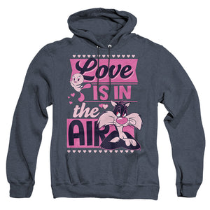 AN OFFCIALLY LICENSED LOONEY TUNES VALENTINE'S DAY TWEETY SYLVESTER LOVE IN THE AIR ADULT UNISEX HEATHER PULLOVER HOODIE NAVY