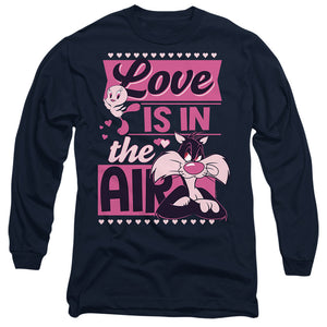 AN OFFCIALLY LICENSED LOONEY TUNES VALENTINE'S DAY TWEETY SYLVESTER LOVE IN THE AIR MEN'S LONG SLEEVE T-SHIRT NAVY