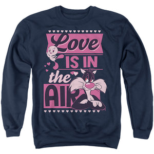 AN OFFCIALLY LICENSED LOONEY TUNES VALENTINE'S DAY TWEETY SYLVESTER LOVE IN THE AIR ADULT UNISEX CREWNECK SWEATSHIRT NAVY