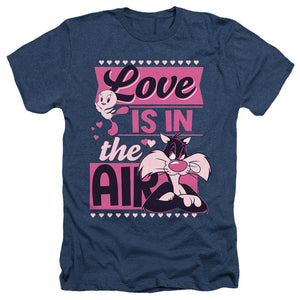 AN OFFCIALLY LICENSED LOONEY TUNES VALENTINE'S DAY TWEETY SYLVESTER LOVE IN THE AIR MEN'S HEATHER T-SHIRT NAVY