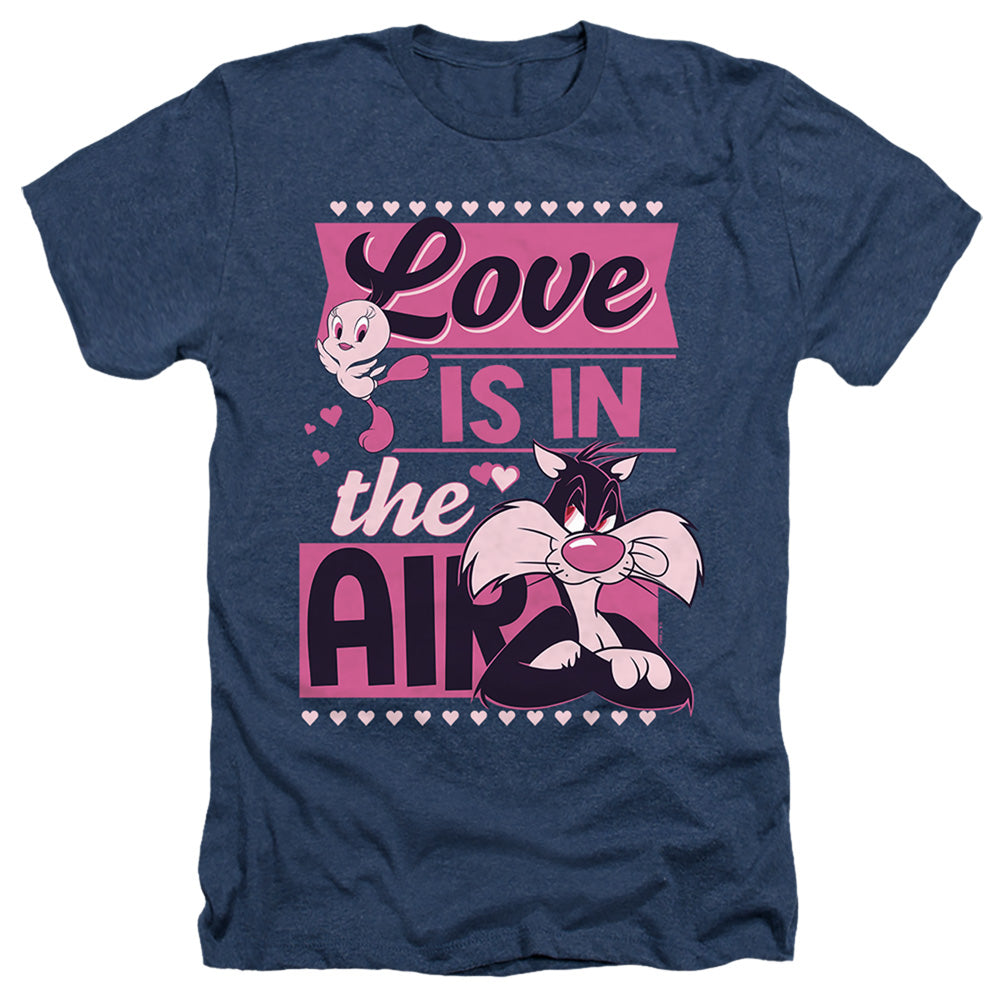 AN OFFCIALLY LICENSED LOONEY TUNES VALENTINE'S DAY TWEETY SYLVESTER LOVE IN THE AIR MEN'S HEATHER T-SHIRT NAVY