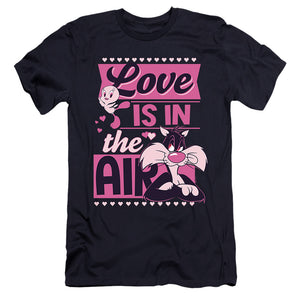 AN OFFCIALLY LICENSED LOONEY TUNES VALENTINE'S DAY TWEETY SYLVESTER LOVE IN THE AIR MEN'S PREMIUM SLIM FIT T-SHIRT NAVY