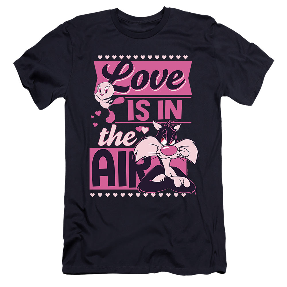 AN OFFCIALLY LICENSED LOONEY TUNES VALENTINE'S DAY TWEETY SYLVESTER LOVE IN THE AIR MEN'S PREMIUM SLIM FIT T-SHIRT NAVY