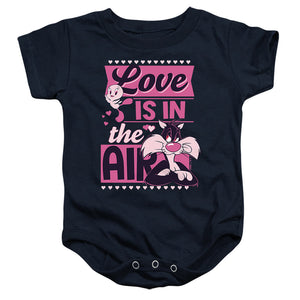 AN OFFCIALLY LICENSED LOONEY TUNES VALENTINE'S DAY TWEETY SYLVESTER LOVE IN THE AIR BABY BODYSUIT NAVY