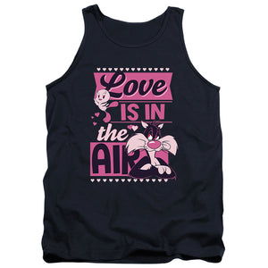 AN OFFCIALLY LICENSED LOONEY TUNES VALENTINE'S DAY TWEETY SYLVESTER LOVE IN THE AIR ADULT UNISEX TANK TOP NAVY