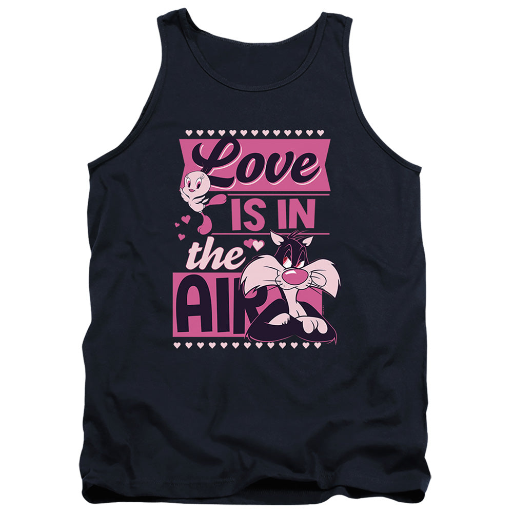 AN OFFCIALLY LICENSED LOONEY TUNES VALENTINE'S DAY TWEETY SYLVESTER LOVE IN THE AIR ADULT UNISEX TANK TOP NAVY