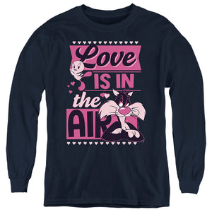 AN OFFCIALLY LICENSED LOONEY TUNES VALENTINE'S DAY TWEETY SYLVESTER LOVE IN THE AIR YOUTH LONG SLEEVE T-SHIRT NAVY