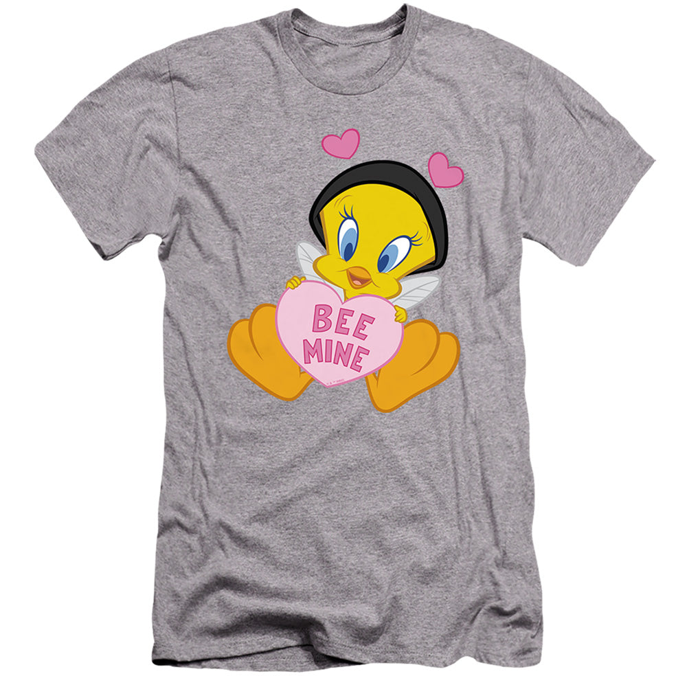 AN OFFCIALLY LICENSED LOONEY TUNES VALENTINE'S DAY TWEETY BEE MINE MEN'S PREMIUM SLIM FIT T-SHIRT ATHLETIC HEATHER