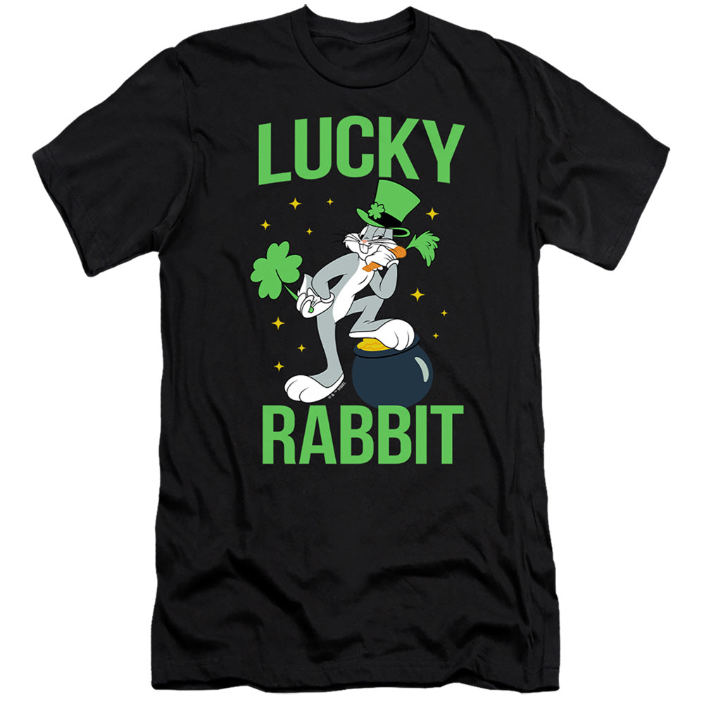 AN OFFCIALLY LICENSED LOONEY TUNES BUGS BUNNY ST. PATRICK'S LUCKY RABBIT MEN'S PREMIUM SLIM FIT T-SHIRT BLACK