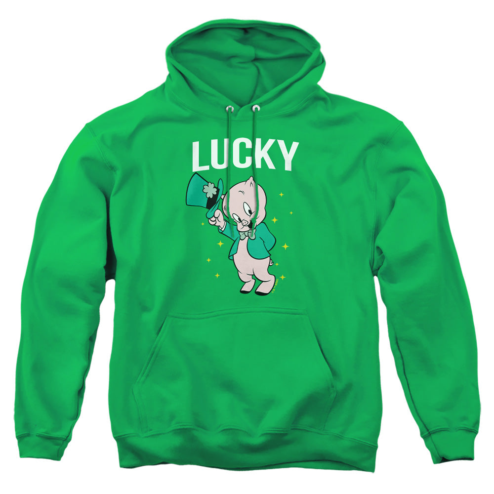 AN OFFCIALLY LICENSED LOONEY TUNES PORKY PIG ST. PATRICK'S LUCKY ADULT UNISEX PULLOVER HOODIE KELLY GREEN