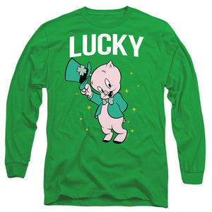 AN OFFCIALLY LICENSED LOONEY TUNES PORKY PIG ST. PATRICK'S LUCKY MEN'S LONG SLEEVE T-SHIRT KELLY GREEN