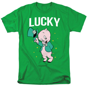 AN OFFCIALLY LICENSED LOONEY TUNES PORKY PIG ST. PATRICK'S LUCKY MEN'S REGULAR FIT T-SHIRT KELLY GREEN