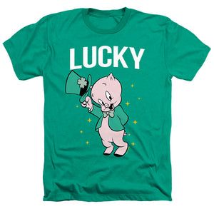 AN OFFCIALLY LICENSED LOONEY TUNES PORKY PIG ST. PATRICK'S LUCKY MEN'S HEATHER T-SHIRT KELLY GREEN
