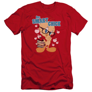 AN OFFCIALLY LICENSED LOONEY TUNES ONE SMART CHICK MEN'S PREMIUM SLIM FIT T-SHIRT RED
