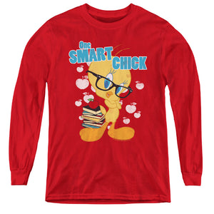 AN OFFCIALLY LICENSED LOONEY TUNES ONE SMART CHICK YOUTH LONG SLEEVE T-SHIRT RED