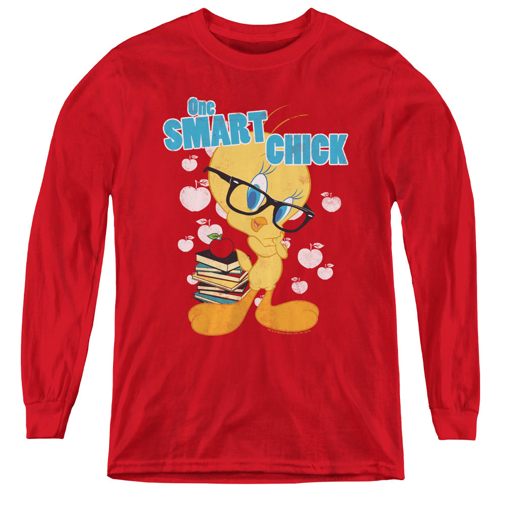 AN OFFCIALLY LICENSED LOONEY TUNES ONE SMART CHICK YOUTH LONG SLEEVE T-SHIRT RED
