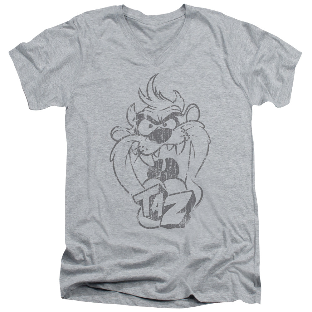 AN OFFCIALLY LICENSED LOONEY TUNES FADED TAZ MEN'S V-NECK T-SHIRT ATHLETIC HEATHER