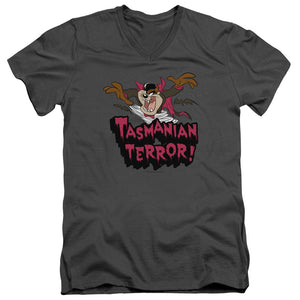 AN OFFCIALLY LICENSED LOONEY TUNES TAZ TERROR MEN'S V-NECK T-SHIRT CHARCOAL