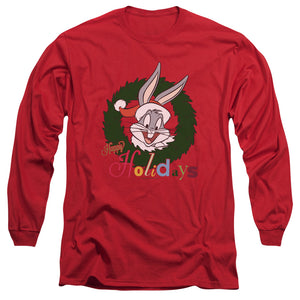 AN OFFCIALLY LICENSED LOONEY TUNES HOLIDAY BUNNY MEN'S LONG SLEEVE T-SHIRT RED