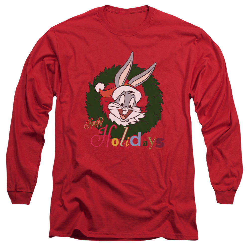 AN OFFCIALLY LICENSED LOONEY TUNES HOLIDAY BUNNY MEN'S LONG SLEEVE T-SHIRT RED