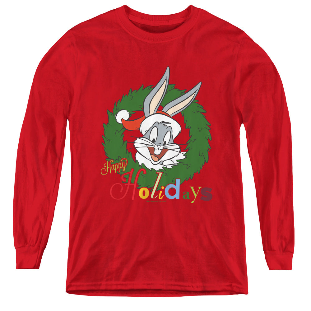 AN OFFCIALLY LICENSED LOONEY TUNES HOLIDAY BUNNY YOUTH LONG SLEEVE T-SHIRT RED