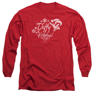 AN OFFCIALLY LICENSED LOONEY TUNES DAFFY HOLIDAYS MEN'S LONG SLEEVE T-SHIRT RED