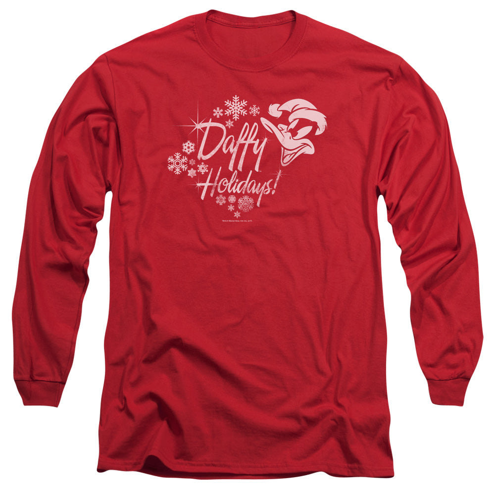AN OFFCIALLY LICENSED LOONEY TUNES DAFFY HOLIDAYS MEN'S LONG SLEEVE T-SHIRT RED